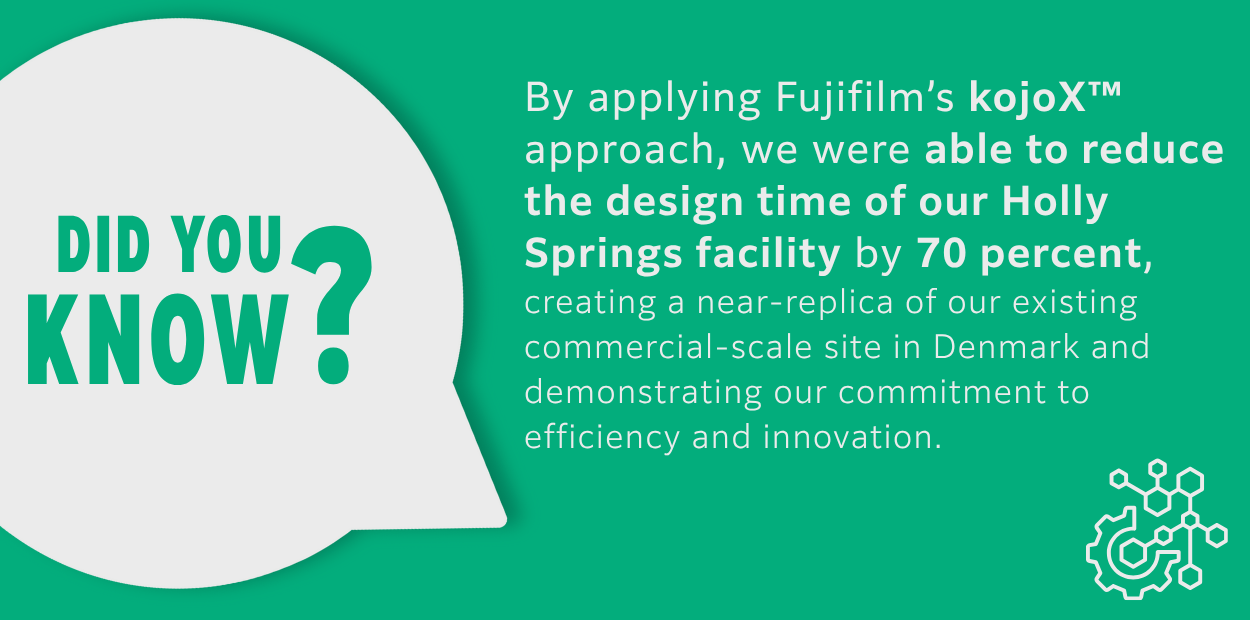 Did You Know October 2025 Graphic Did You Know Graphic that says "By applying Fujifilm’s kojoX™ approach, we were able to reduce the design time of our Holly Springs facility by 70 percent